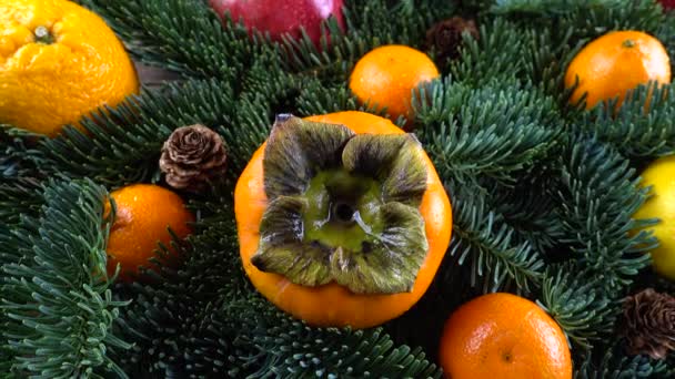 Abies Nobilis Branch Mandarins Lemons Persimmons Oranges Pomegranate Old Wooden — Stock Video