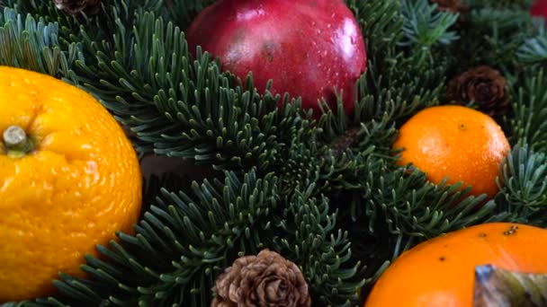 Abies Nobilis Branch Mandarins Lemons Persimmons Oranges Pomegranate Old Wooden — Stock Video