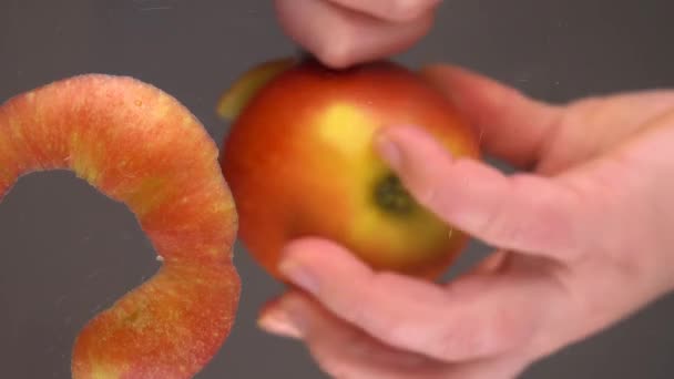 Pelar Una Manzana Fresca Sobre Recipiente Vidrio Vista Inferior — Vídeos de Stock