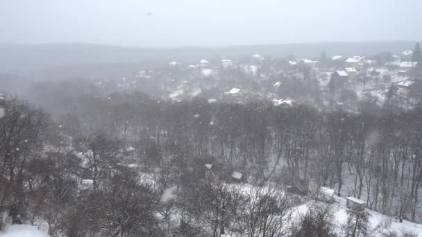 Fulgi Zăpadă Căzuți Fundalul Caselor Pădurilor Slow Motion — Videoclip de stoc