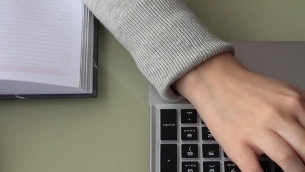 Das Mädchen Das Hause Büro Arbeitet Bedient Die Tastatur — Stockvideo