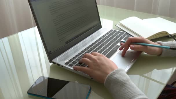 Girl Working Home Office Hands Keyboard — Stock Video