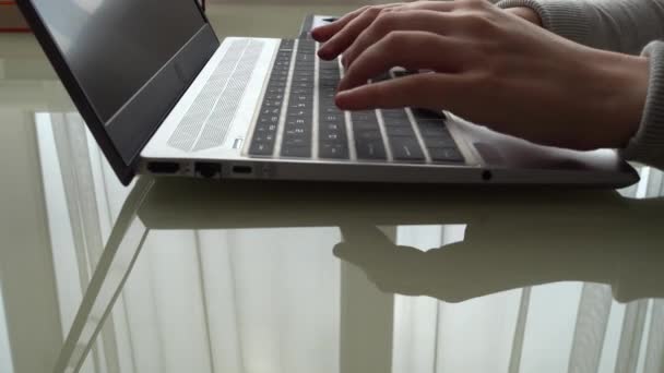 Das Mädchen Das Hause Büro Arbeitet Bedient Die Tastatur — Stockvideo