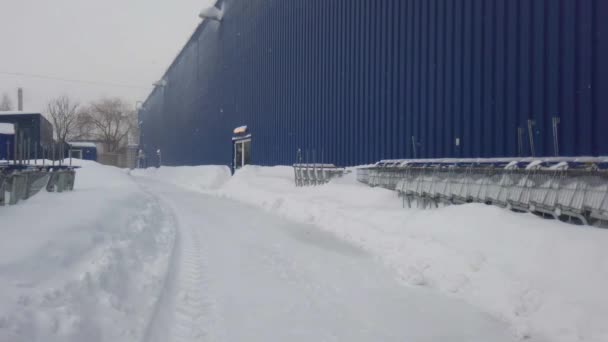 暴雪映衬着一道蓝色的墙 超市购物车在雪地里 暴风雪期间的射击 — 图库视频影像