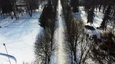 Kış parkında uçan bir İHA 'nın hava görüntüsü.