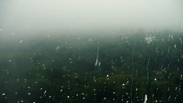 Chuva Nevoeiro Sobre Floresta Vista Janela Gotas Chuva Vidro — Vídeo de Stock