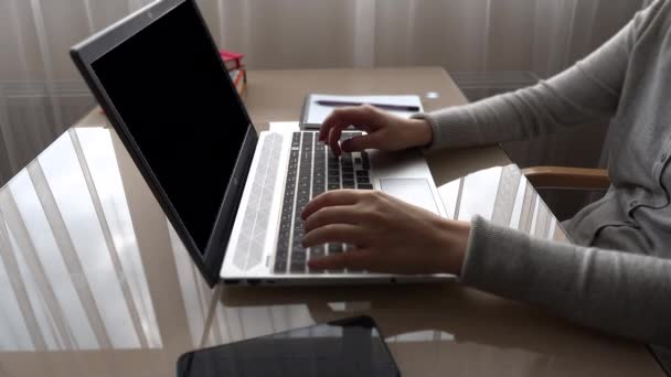 Girl Working Home Office Hands Keyboard Alpha Channel Included — Stock Video