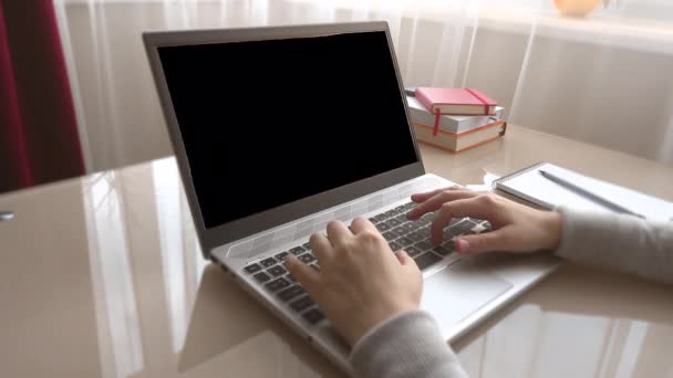 Κορίτσι Που Δουλεύει Στο Γραφείο Στο Πληκτρολόγιο Συμπεριλαμβάνεται Κανάλι Άλφα — Αρχείο Βίντεο