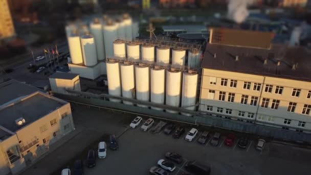 Aerial View Drone Flying Beer Production Plant Several Rows Tanks — Stock Video