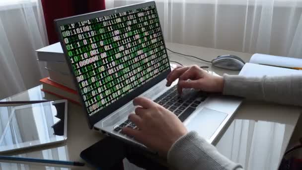 Binary Code Monitor Screen Girl Working Home Office Hands Keyboard — Stock Video