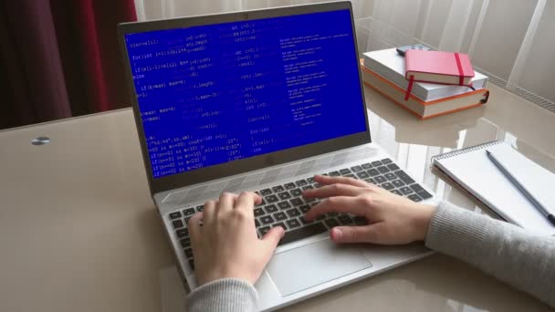 Source Code Monitor Screen Girl Working Home Office Hands Keyboard — Stock Video