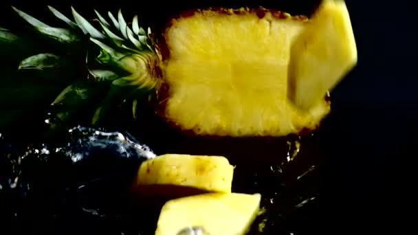 Falling Juicy Pieces Pineapple Black Background Slow Motion — Stock Video