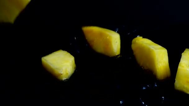 Falling Juicy Pieces Pineapple Black Background Slow Motion — Video Stock