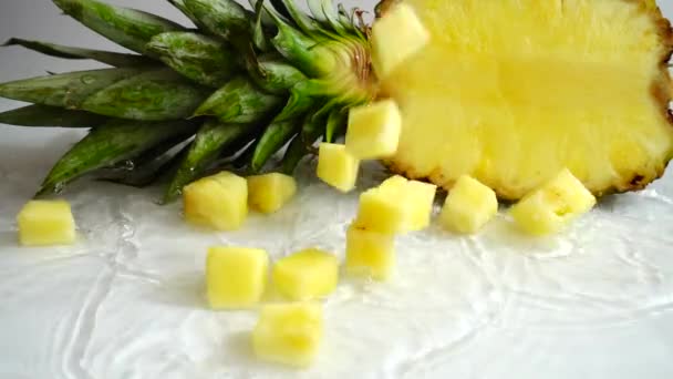 Falling Juicy Pieces Pineapple Slow Motion — Stock video
