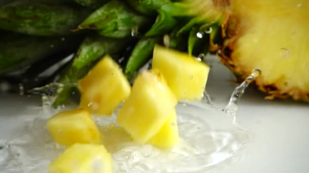 Falling Juicy Pieces Pineapple Slow Motion — Video