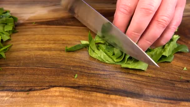 Cocinero Corta Hojas Espinaca Una Tabla Cortar Madera — Vídeos de Stock