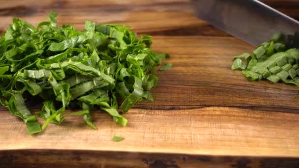 Cook Cuts Sorrel Leaves Wooden Cutting Board — Stock Video
