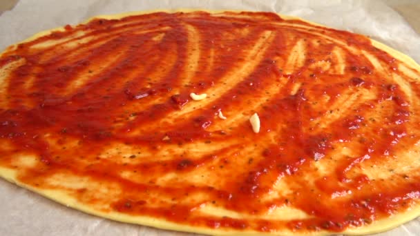 Cucina Pizza Con Salsa Pomodoro Mozzarella Formaggio Grattugiato Caduta Rallentatore — Video Stock