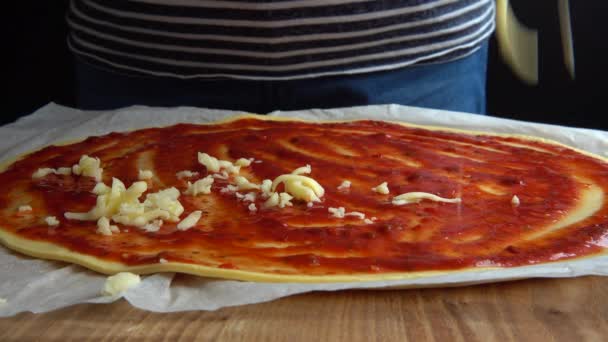 Memasak Pizza Dengan Saus Tomat Dan Keju Mozzarella Keju Parut — Stok Video