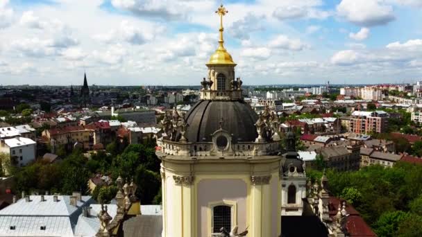 Vista Aérea Avión Tripulado Sobre Catedral Católica San Jorge Lviv — Vídeos de Stock