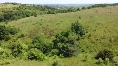 Kırsal tarım arazisinin üzerinde uçan bir dron görüntüsü.