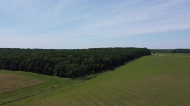 Kırsal tarım arazisinin üzerinde uçan bir dron görüntüsü.