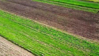 Kırsal tarım arazisinin üzerinde uçan bir dron görüntüsü.