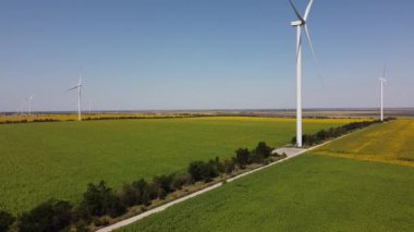 Rüzgar türbini ve tarımsal alanların üzerinde uçan bir dron görüntüsü. Ayçiçeği tarlası. Yel değirmeni. Rüzgar çiftliği.