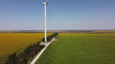 Rüzgar türbini ve tarımsal alanların üzerinde uçan bir dron görüntüsü. Ayçiçeği tarlası. Yel değirmeni. Rüzgar çiftliği.