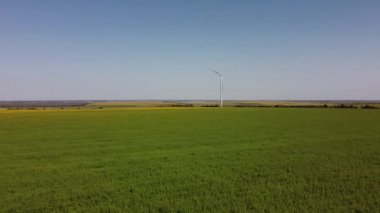 Rüzgar türbini ve tarımsal alanların üzerinde uçan bir dron görüntüsü. Ayçiçeği tarlası. Yel değirmeni. Rüzgar çiftliği.
