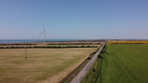 Vista Aérea Drone Voo Sobre Turbina Eólica Campos Agrícolas Campo — Vídeo de Stock