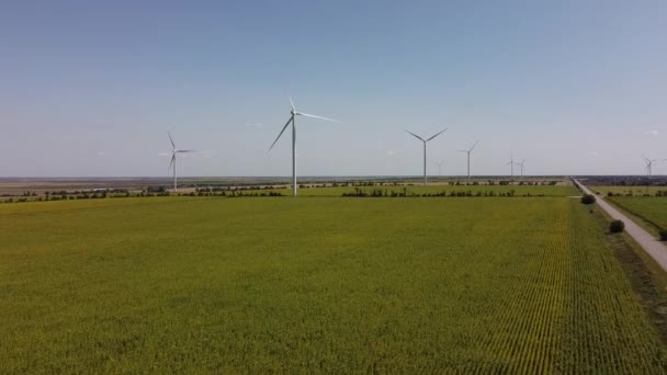 Luchtdrone Uitzicht Een Vliegende Windturbine Landbouwvelden Zonnebloemenveld Windmolen Windmolenpark — Stockvideo