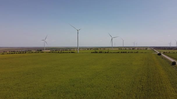 Vista Aérea Del Avión Tripulado Vuelo Sobre Turbina Eólica Los — Vídeos de Stock