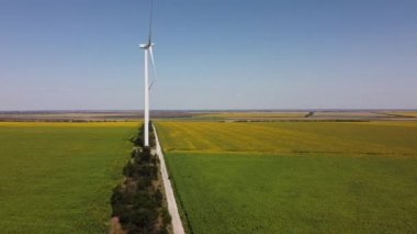 Rüzgar türbini ve tarımsal alanların üzerinde uçan bir dron görüntüsü. Ayçiçeği tarlası. Yel değirmeni. Rüzgar çiftliği. 