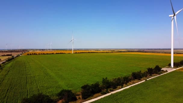 Vista Aérea Drone Voo Sobre Turbina Eólica Campos Agrícolas Campo — Vídeo de Stock