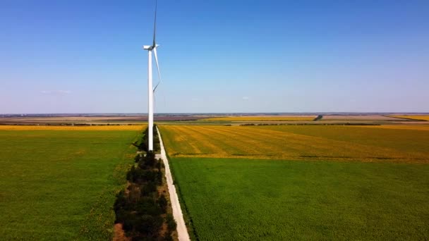 Luftdrone Udsigt Flyvende Vindmøllen Landbrugsmarkerne Solsikkefelt Vindmølle Vindmøllepark – Stock-video