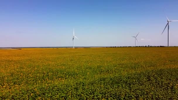 Vista Aérea Drone Voo Sobre Turbina Eólica Campos Agrícolas Campo — Vídeo de Stock