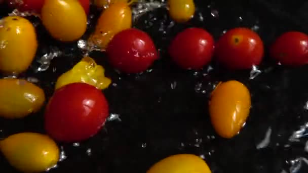 红黄相间的樱桃番茄掉进水里 洗西红柿 在一个黑色的背景 慢动作 — 图库视频影像