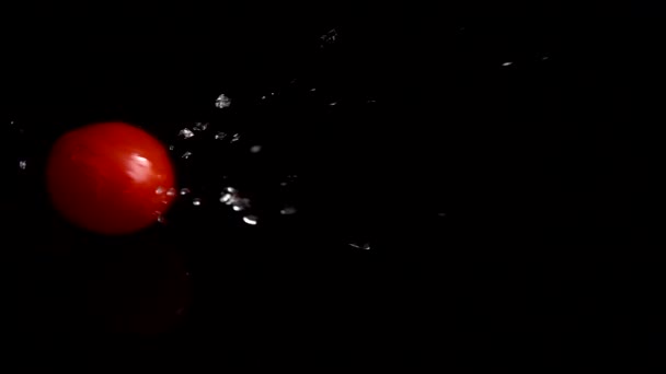 Falling Red Cherry Tomatoes Water Washing Tomatoes Black Background Slow — Stock Video