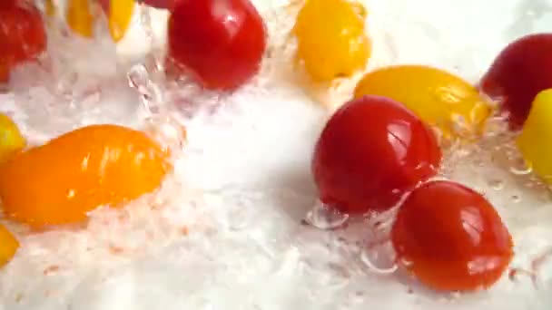 Caída Tomate Cereza Rojo Amarillo Agua Lavando Tomates Sobre Fondo — Vídeo de stock