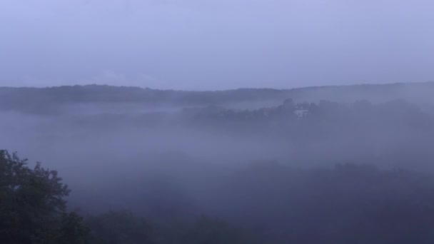 Туман Дождем Над Лесом Съемки Вечером Временной Интервал — стоковое видео
