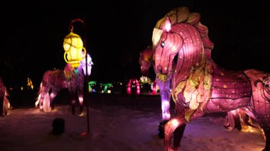 LVIV, UKRAINE - Ocak 06, 2026: Karlı bir kış parkında at şeklinde yanan fenerler, parıldayan hayvan figürleriyle büyülü bir gece sahnesi.