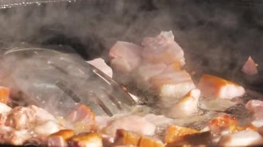 Sosis ve et sıcak bir tavada cızırdıyor. Buhar yükselirken yemek pişirme işlemini yakından çek. Sokak yemekleri hazırlanıyor..