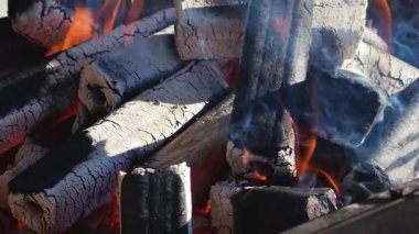 Izgarada sıcak ateş yanıyor. Turuncu alevlerle parlayan kütükler. Sıcak bir barbekü sahnesi için mükemmel..