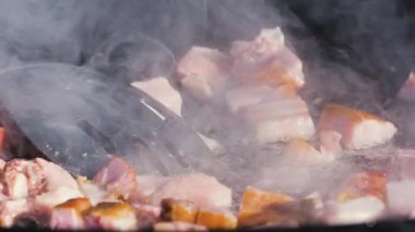 Sosis ve et sıcak bir tavada cızırdıyor. Buhar yükselirken yemek pişirme işlemini yakından çek. Sokak yemekleri hazırlanıyor..