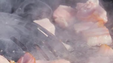 Sosis ve et sıcak bir tavada cızırdıyor. Buhar yükselirken yemek pişirme işlemini yakından çek. Sokak yemekleri hazırlanıyor..