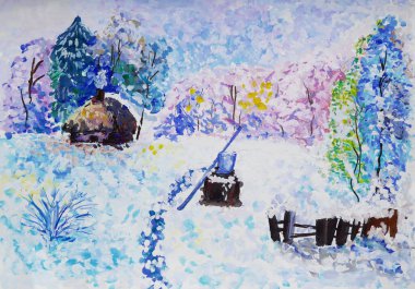 Çocukların çizimleri kışı resmediyor. Kuyusu olan kır evi, kar fırtınası. Parlak renkler ve renkler.