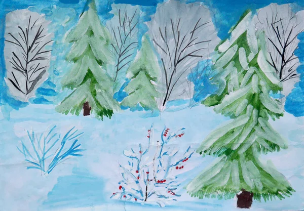 Children Drawing Paints Winter Has Come Winter Forest Blizzard Lot — Stock Photo, Image