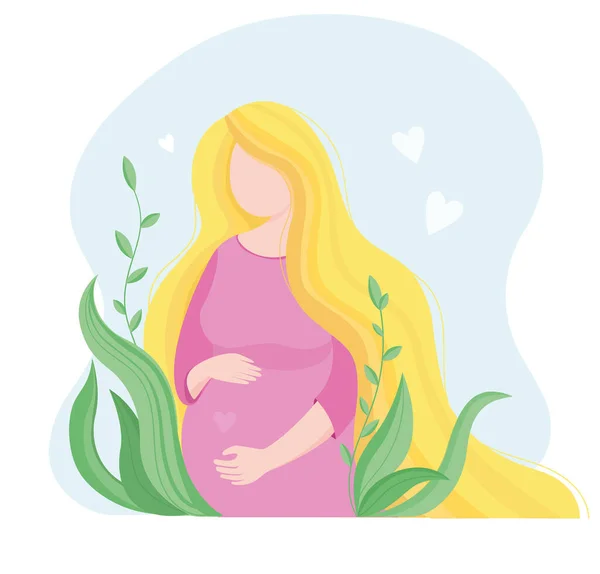 Ilustración plana vectorial Mujer embarazada con un bebé en su vientre, personaje de dibujos animados, mujer bonita con amor a su maternidad. Cartel en el hospital, casa de maternidad, centro de maternidad, Tarjeta del día de la madre. — Vector de stock