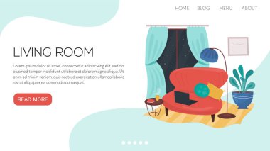 Vektör illüstrasyon iniş sayfası ya da şablonu samimi ve şirin oturma odasının içi.